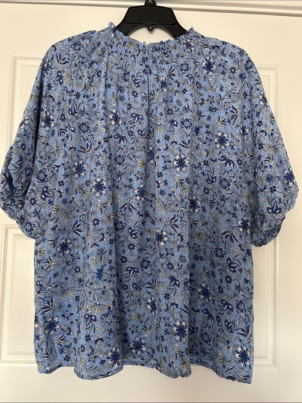 LOFT Light Blue Floral Smocked-Neck Blouse